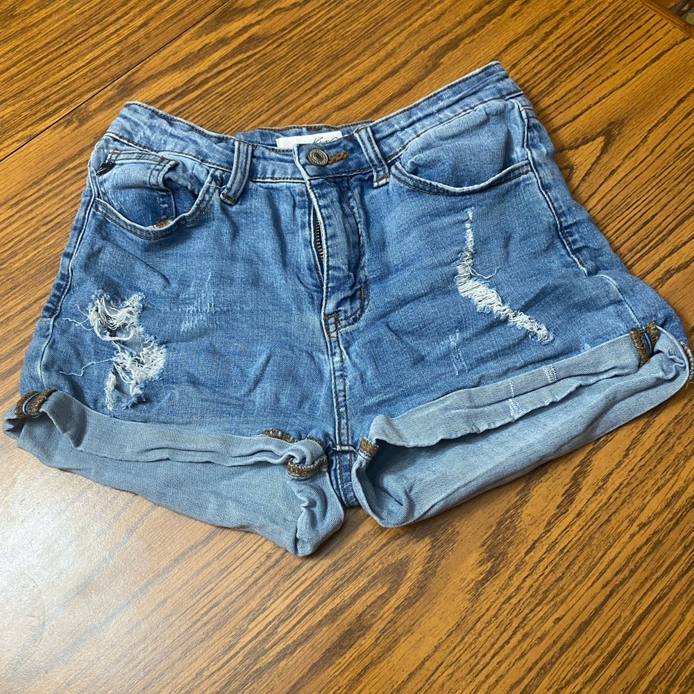 Blue Distressed Jean Shorts with Cuffed Hem